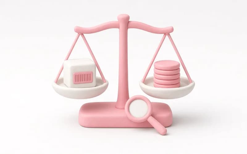 Clay scale weighing a labelled box against coins