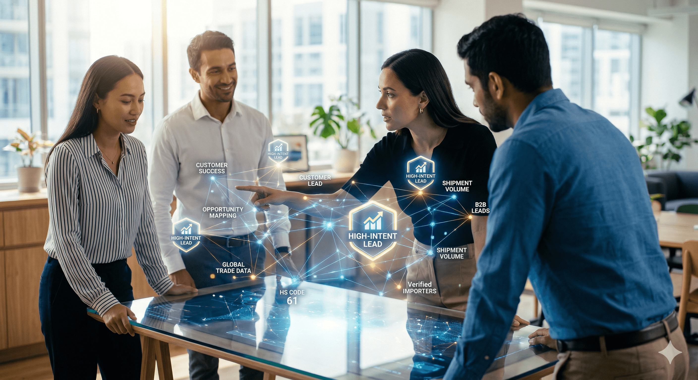 Small business team using AI search to find leads on a digital dashboard