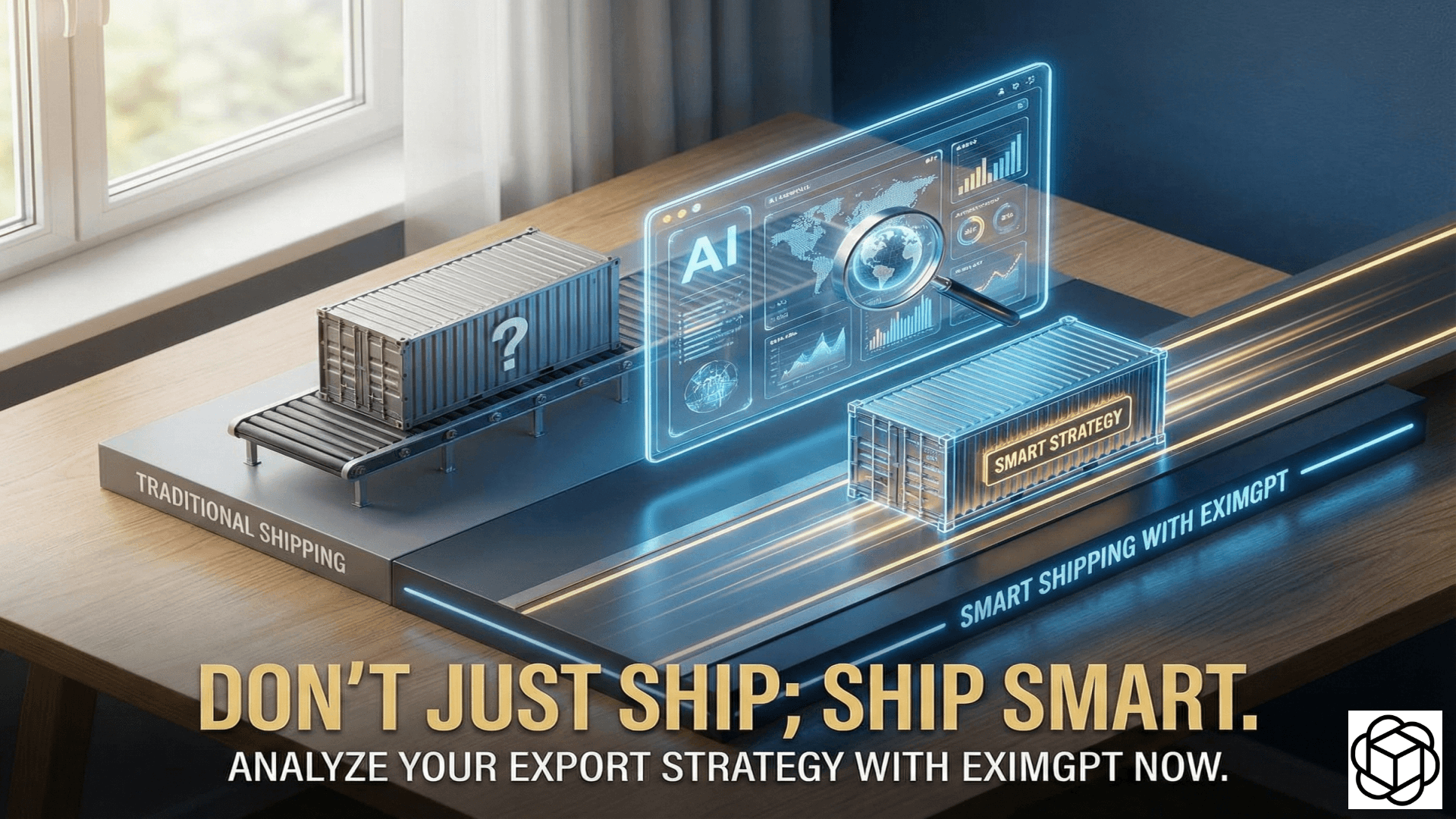 Split-screen comparison of traditional shipping versus smart shipping using EximGPT AI analysis.