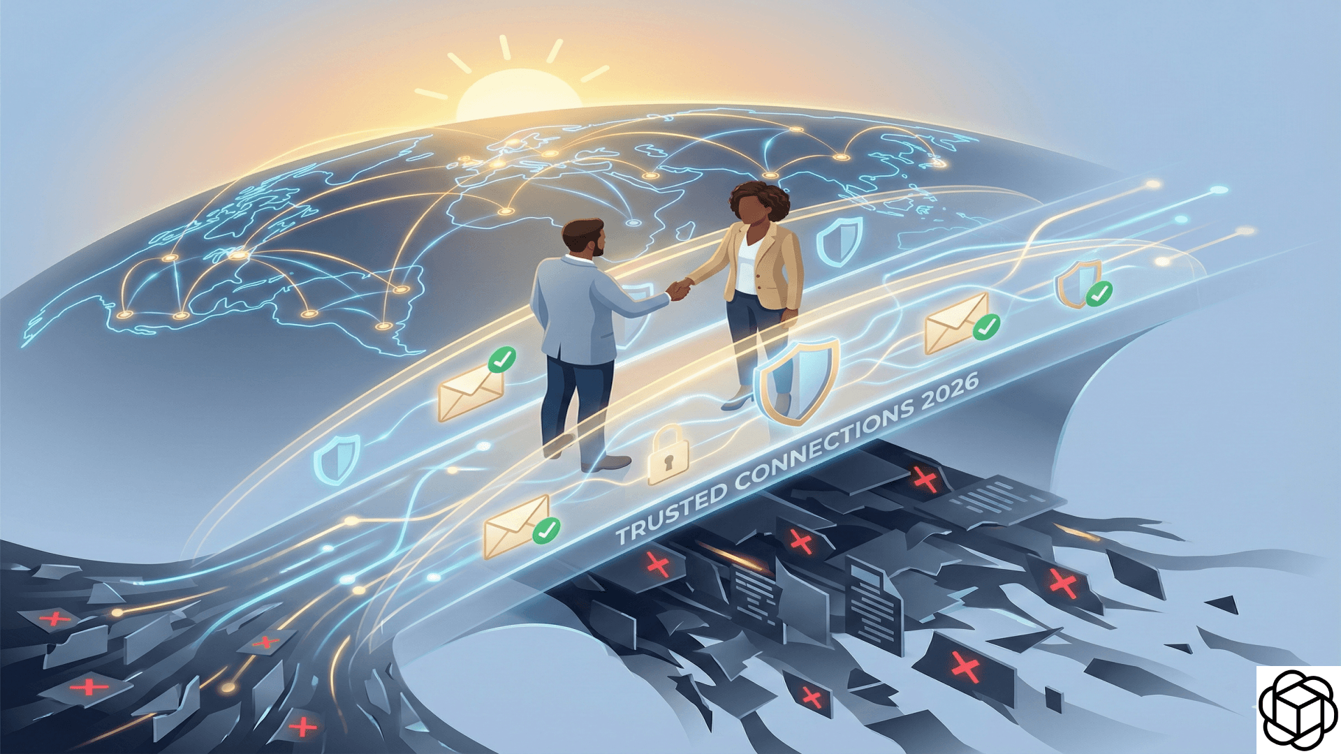 Professionals shaking hands on a bridge separating spam from verified contacts, labeled Trusted Connections 2026.