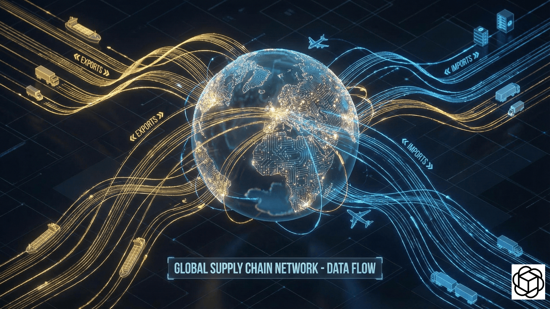 An aerial, split-screen visualization of port logistics operations. The left panel depicts a gantry crane loading intermodal containers onto a cargo vessel, representing the export process. The right panel displays a commercial semi-truck transporting a container out of the port terminal gate, illustrating import logistics and the physical movement of freight.