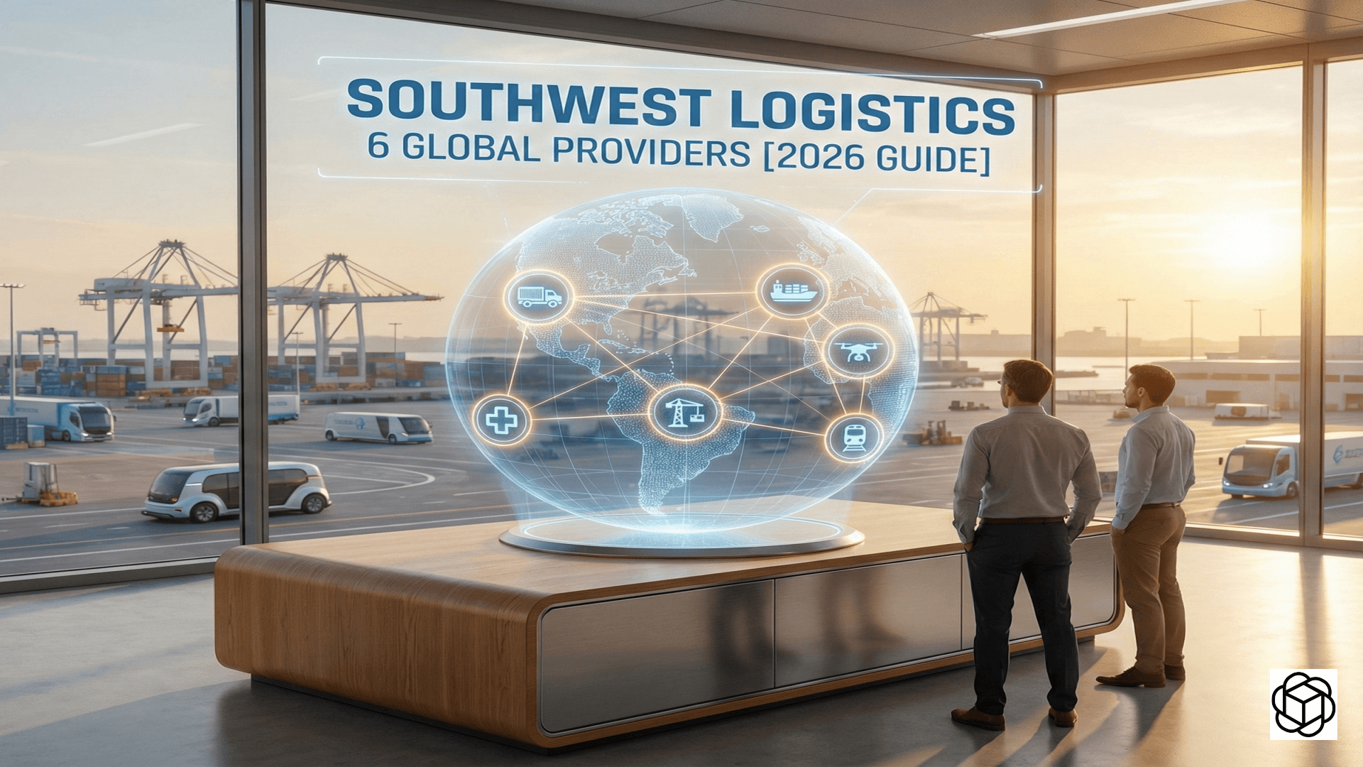 Two professionals viewing a holographic globe map visualizing the Southwest Logistics global network.