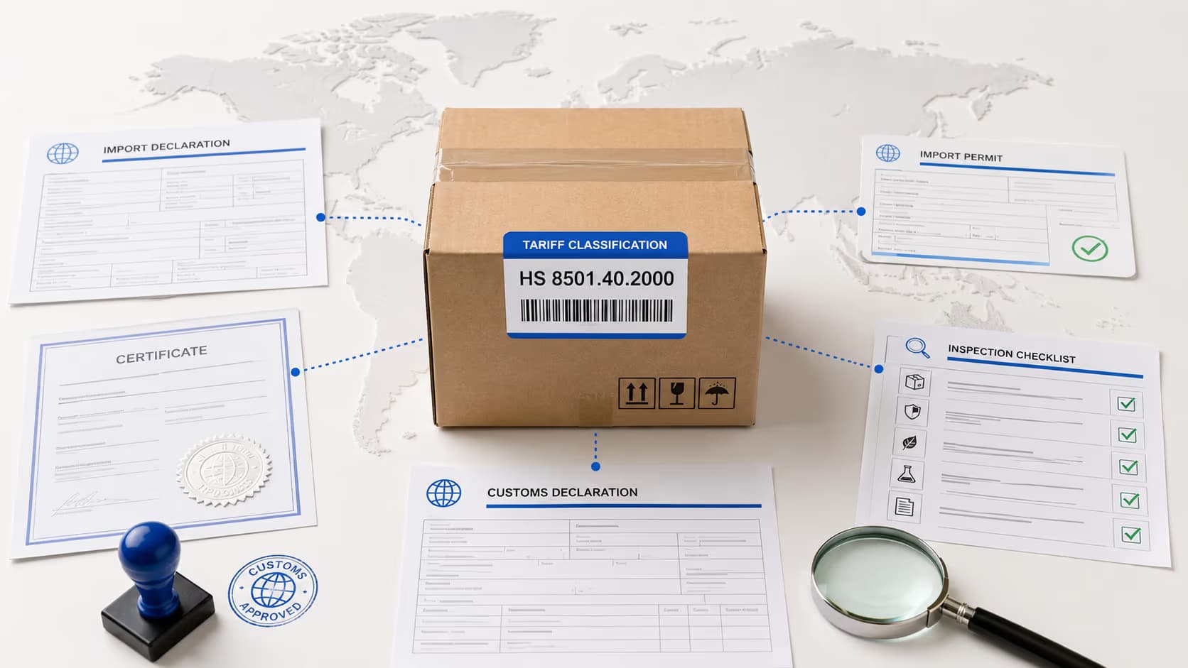 A shipping box labeled with an HS code connected to import permits, certificates, customs declarations and inspection documents.