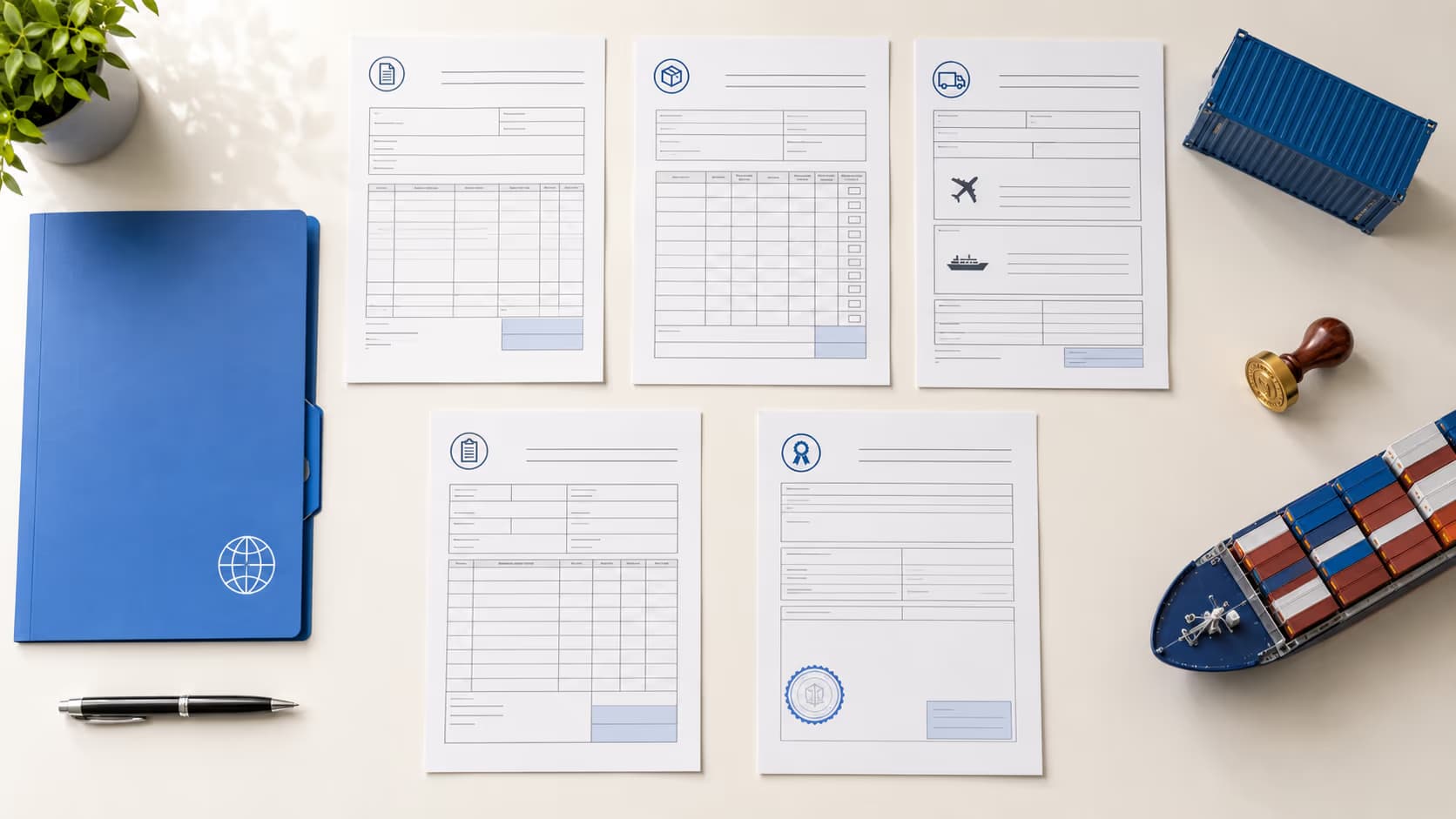 Commercial invoice, packing list, transport document, customs declaration and certificate of origin arranged beside international shipping equipment.