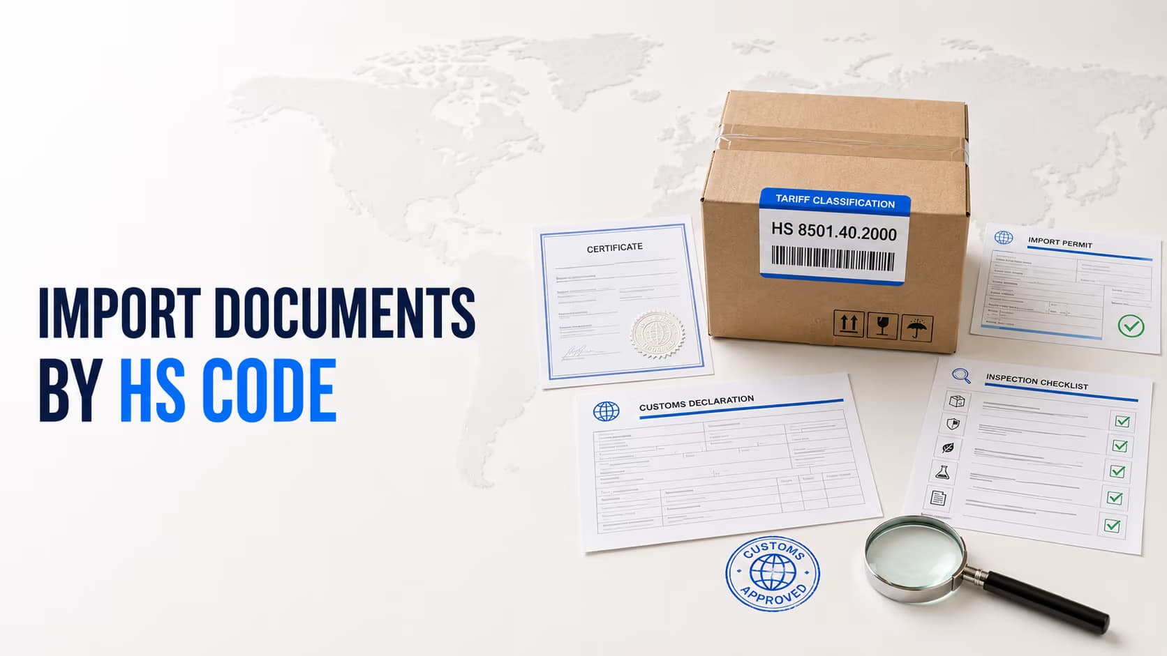 Import documents, customs certificates and a shipping box classified by HS code for international trade compliance.