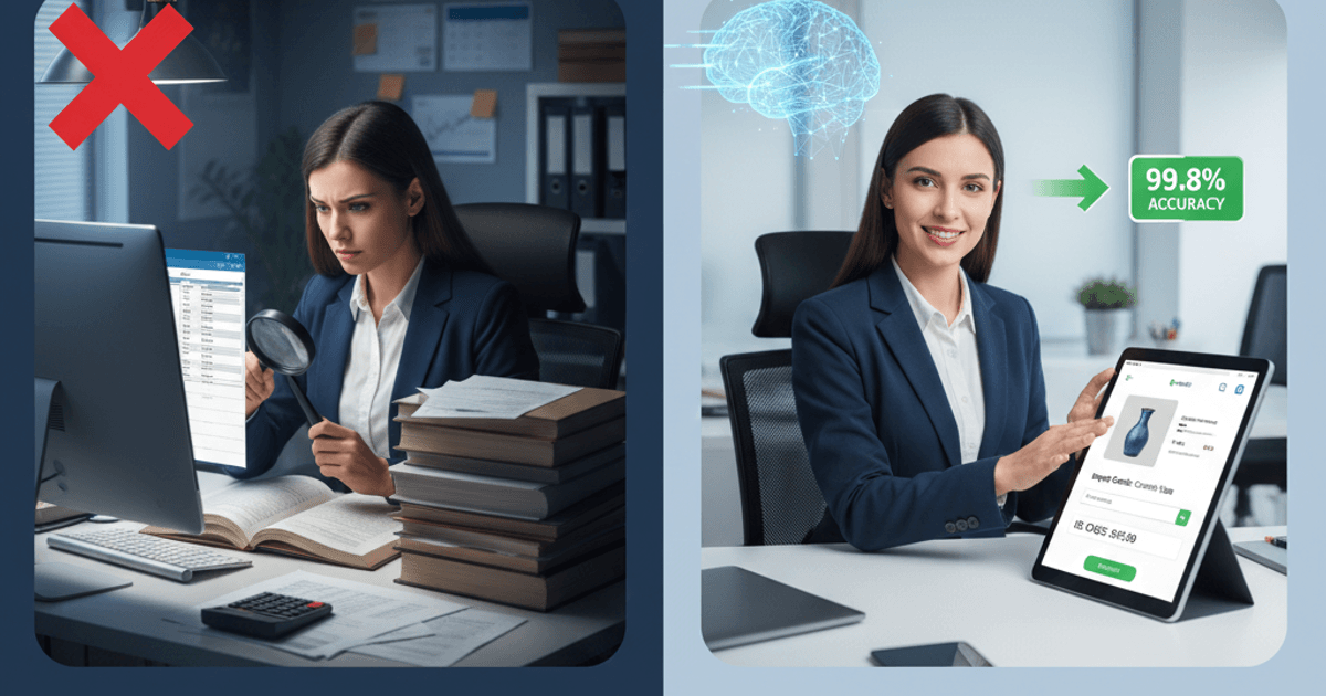 Comparison of manual process versus automated find HS code using AI technology.