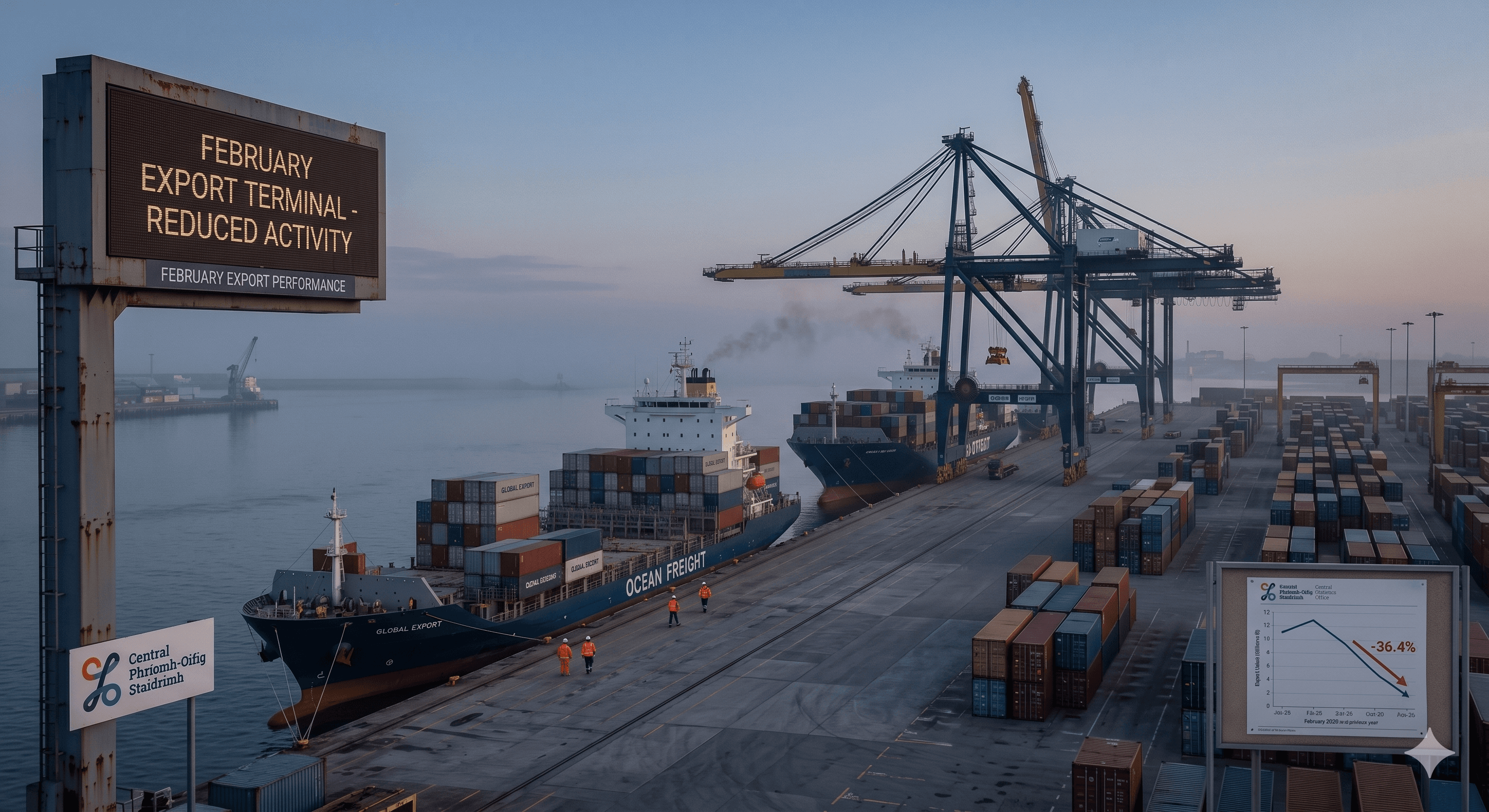 A wide-angle view of a quiet industrial shipping port during a foggy morning, illustrating a downturn in trade. A large cargo ship is docked at the pier with only a few containers on deck, while tall harbor cranes stand idle in the background. In the foreground, a digital signboard reads "FEBRUARY EXPORT TERMINAL - REDUCED ACTIVITY," and a smaller printed chart on a nearby post displays a sharp red arrow pointing downward next to the figure "-36.4%." The overall mood is somber and quiet, reflecting a significant decline in export volume.