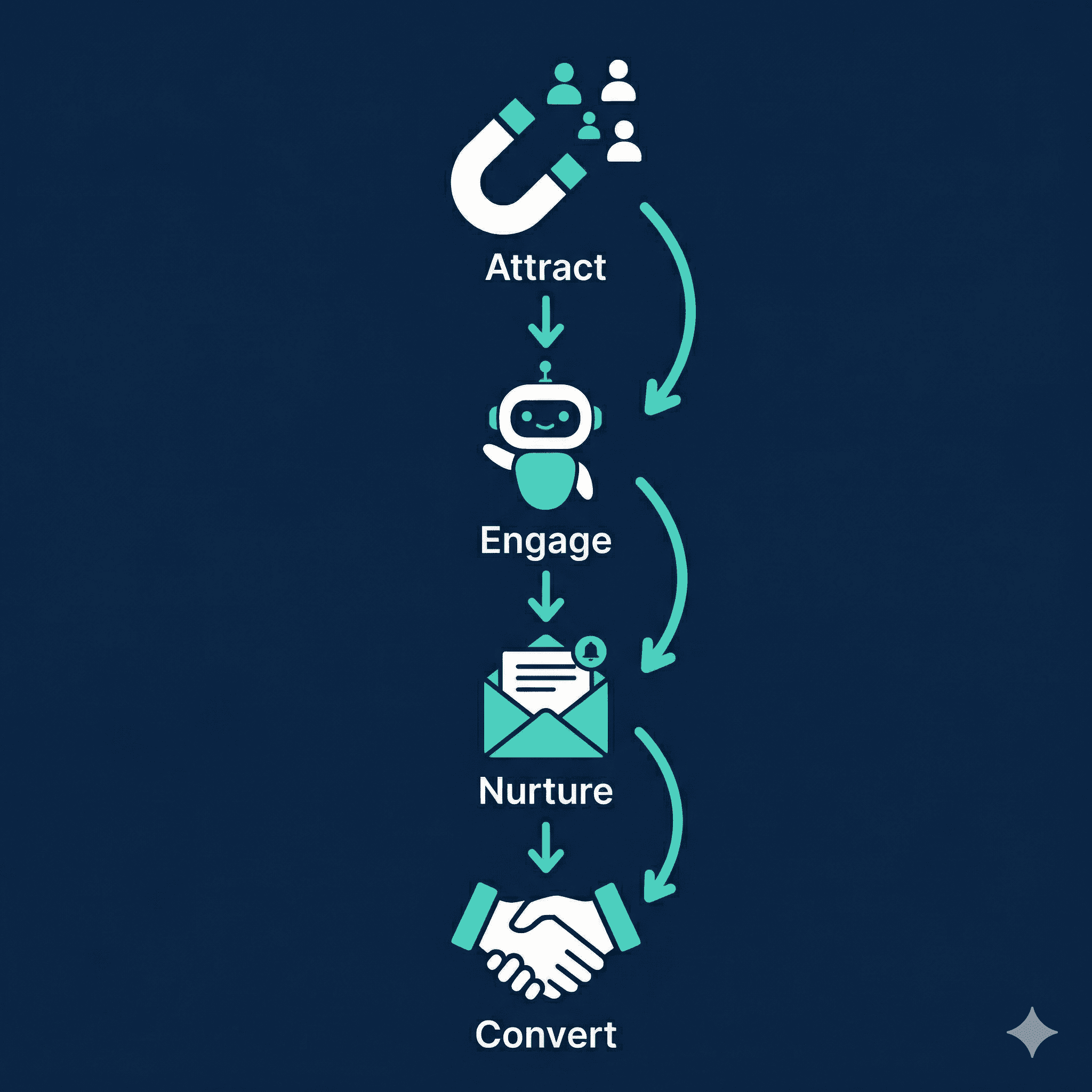 A cinematic, high-resolution photograph of a glowing holographic funnel diagram floating in mid-air above a sleek modern desk. The funnel shows 4 stages from top to bottom: a magnet icon labeled "Attract", a robot chatbot icon labeled "Engage", an email envelope icon labeled "Nurture", and a handshake icon labeled "Convert". Each stage connected by glowing curved arrows. The hologram emits soft teal and cyan light against a dark navy blue ambient background. The desk surface reflects the glow subtly. Shallow depth of field, bokeh background. Shot with a 35mm lens, professional studio lighting. Photorealistic, 8K quality. No text overlays outside the diagram labels.