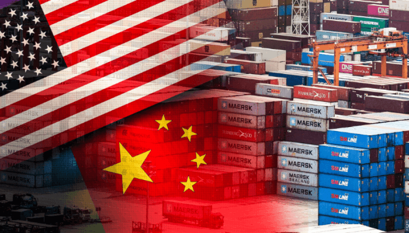 Split-screen graphic featuring US and Chinese flags overlaid on shipping containers, symbolizing the logistical scale of US-China Micro-Dependency in global freight and export sectors.