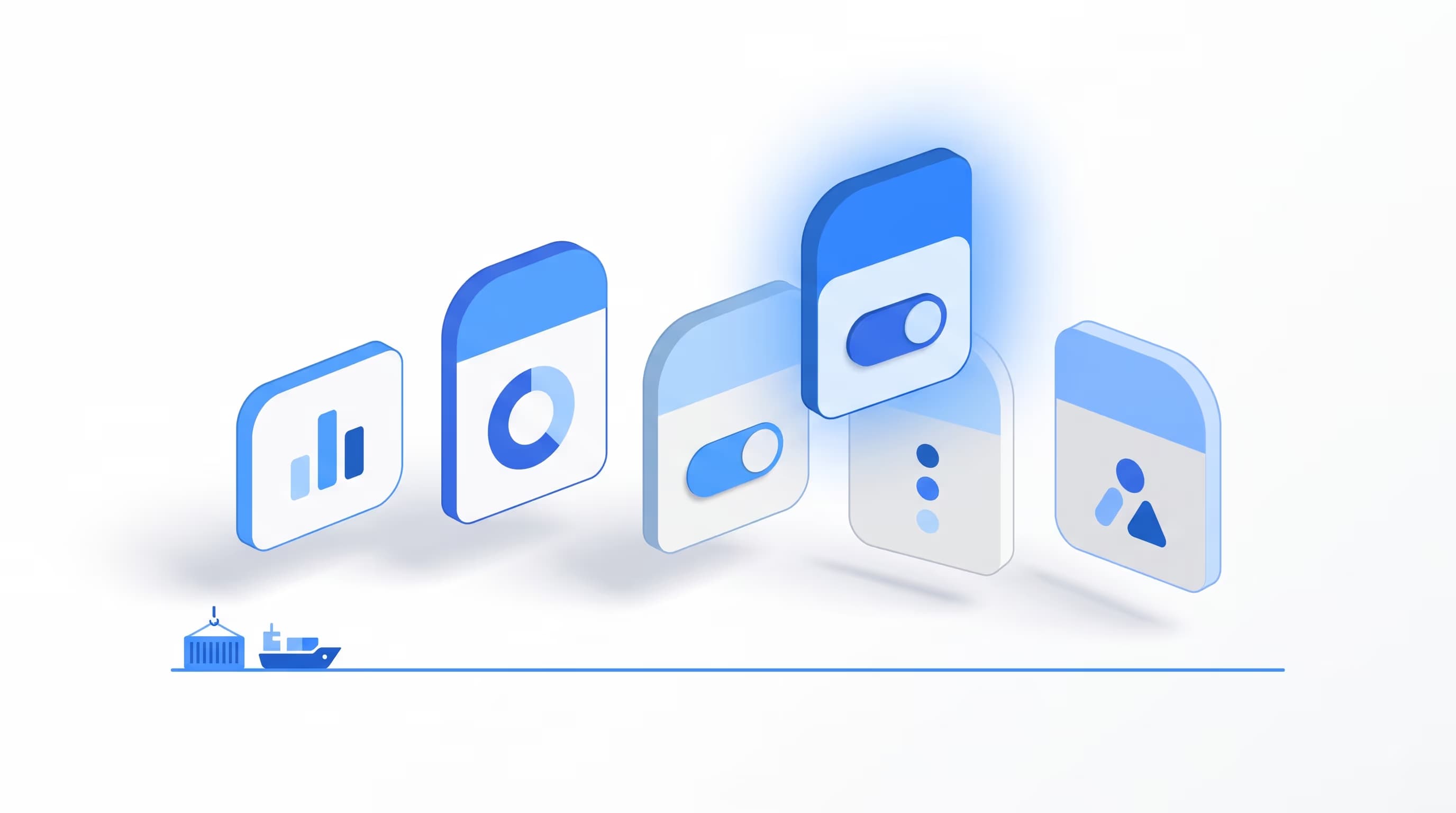 Five rounded blue panels of different heights in a row, one lifted forward with a soft glow, above a thin line with a shipping container and a cargo ship at one end