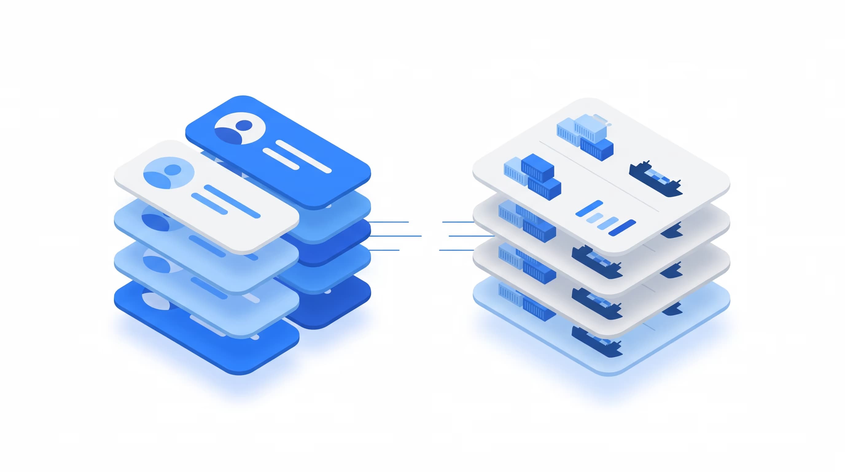 Two stacks of blue data cards side by side — contact profile cards on the left, shipment records with cargo containers and ships on the right — joined by thin lines that stop short of meeting