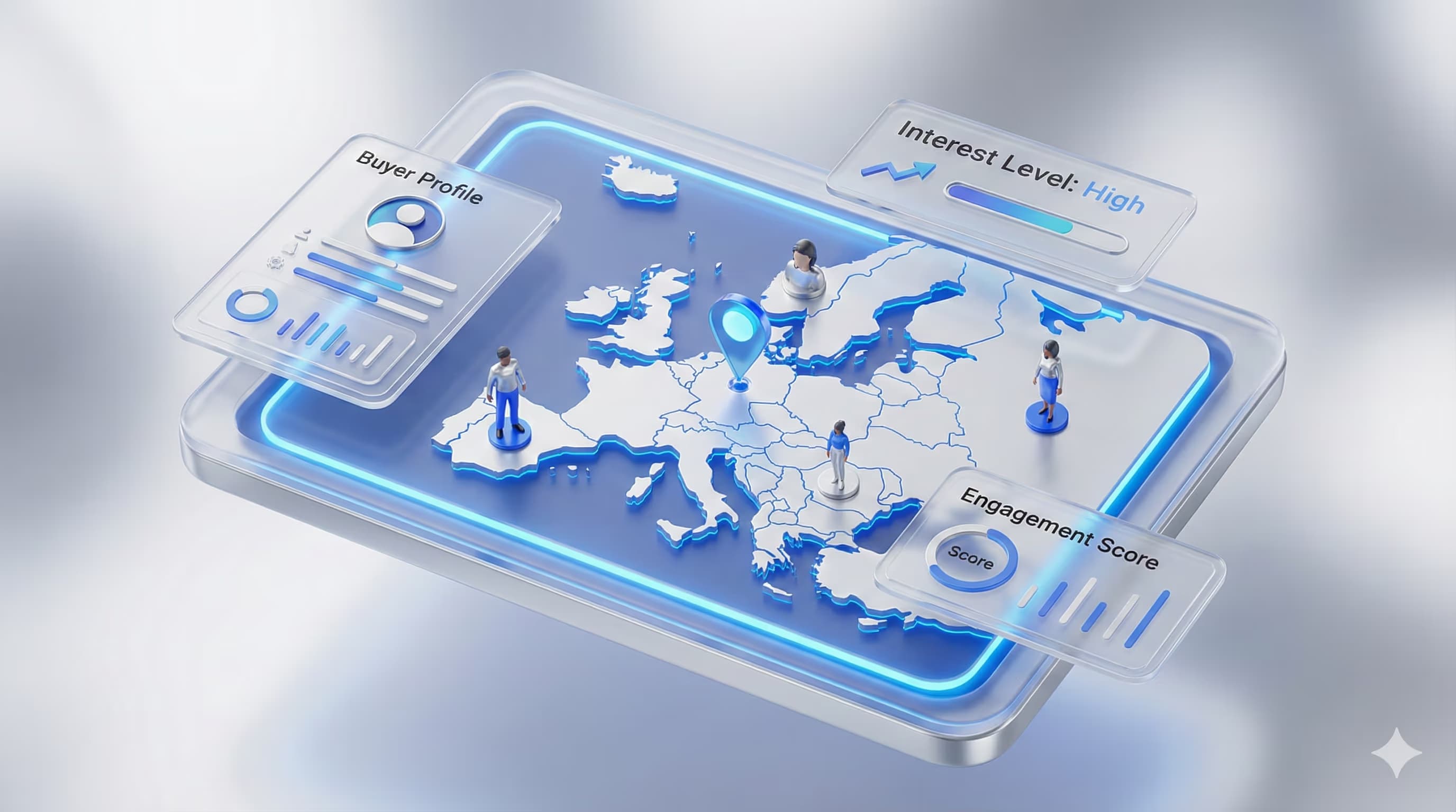 3D map of Europe with B2B buyer profile cards and engagement scores floating above it