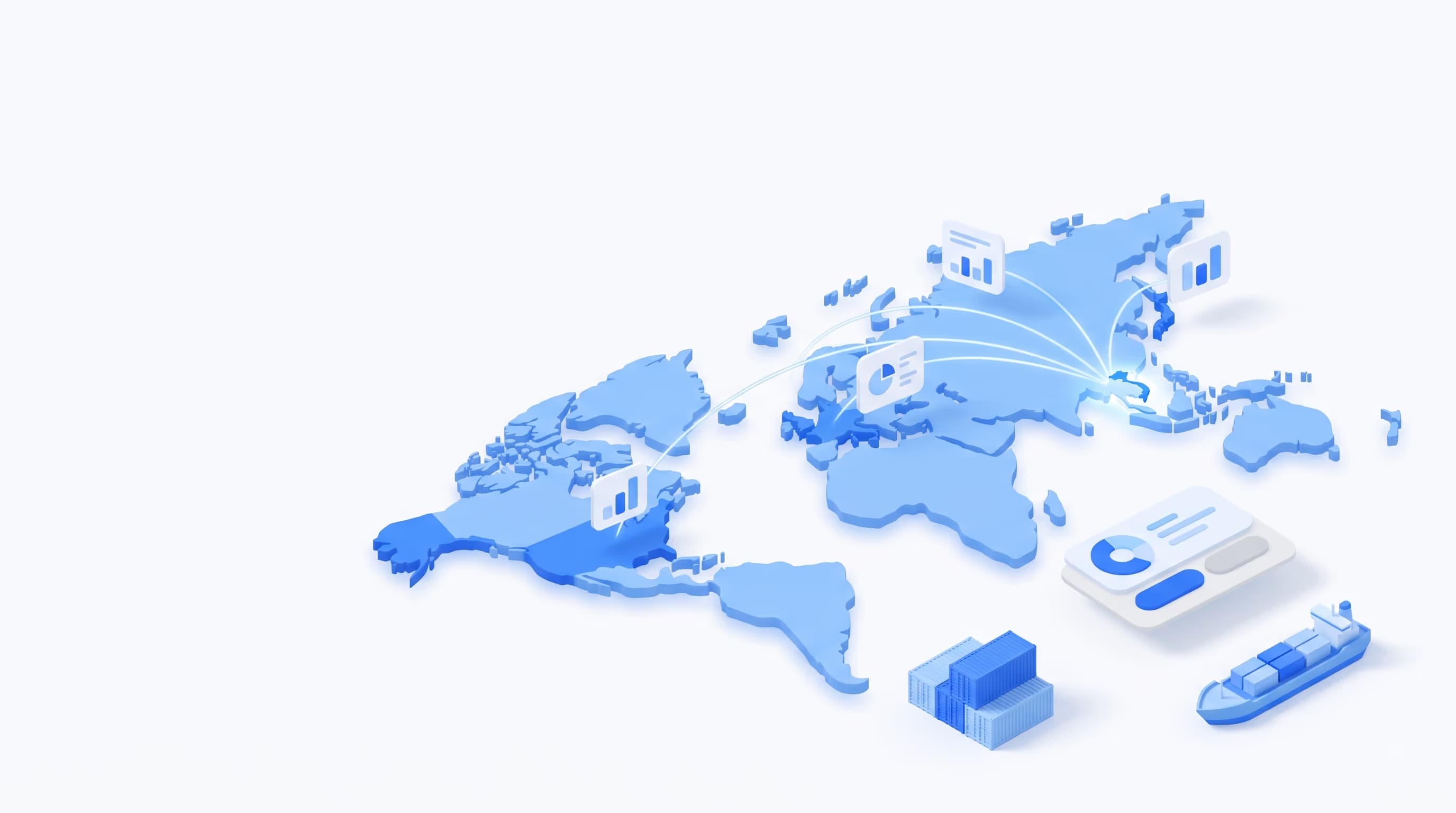 Isometric 3D world map in blue with glowing trade routes arcing from Vietnam to North America, Europe and East Asia, with floating data cards, stacked shipping containers and a cargo ship