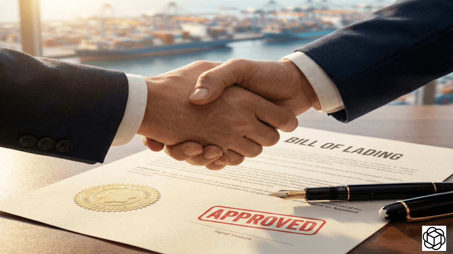 Business handshake over an approved Bill of Lading document with a fountain pen, set against a port background.