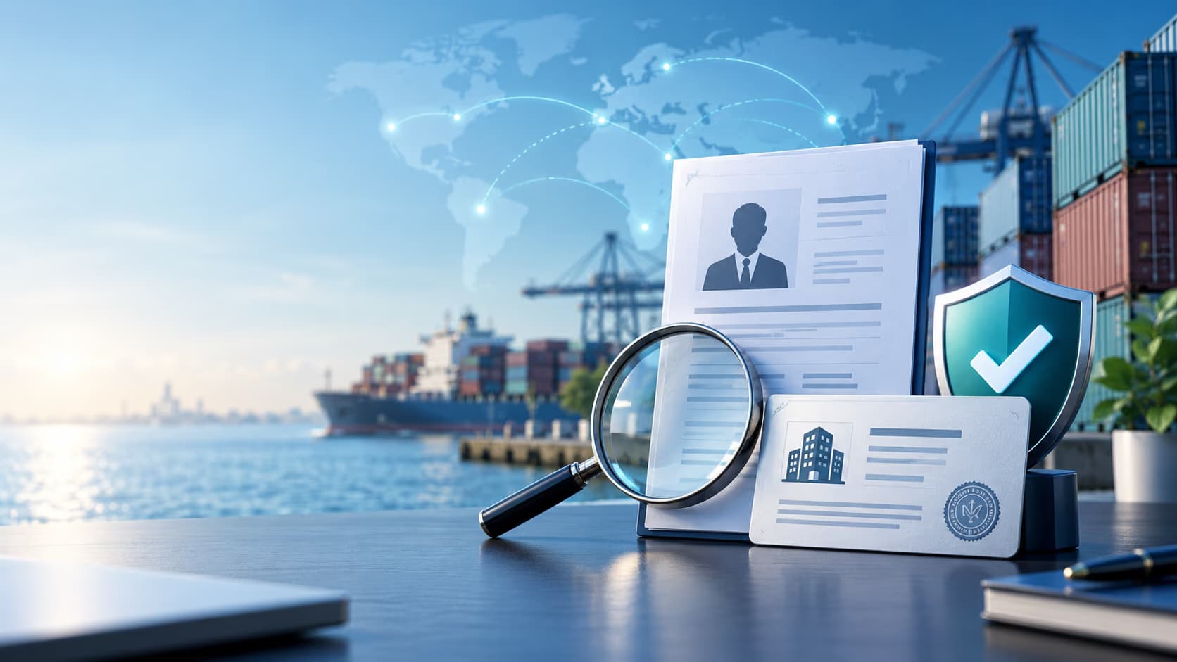 Business identity verification for export trade partners with company records and a verified shield