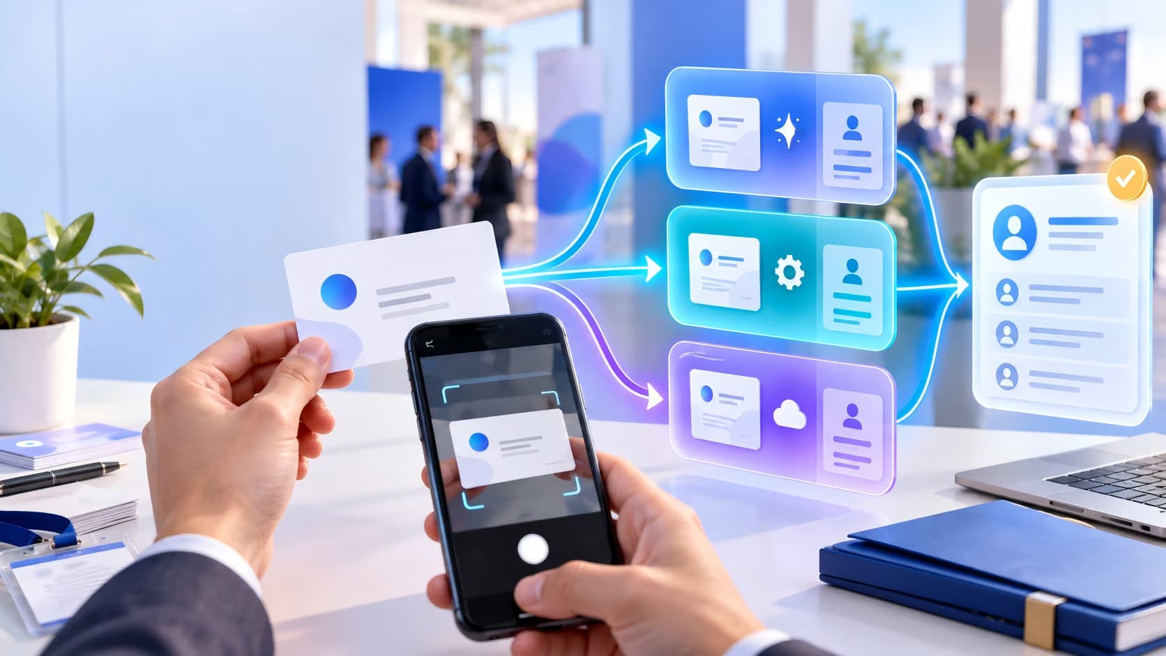 Illustration of a trade-show representative scanning a business card into editable contact fields