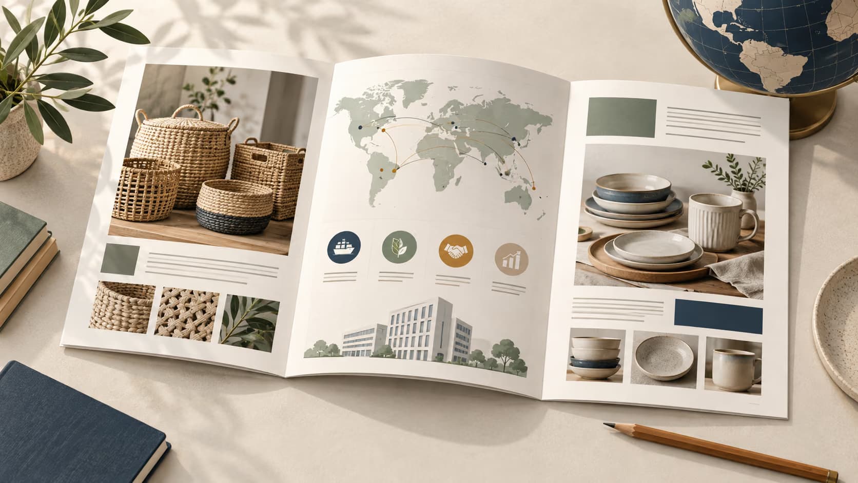 Illustrative company profile booklet showing homeware products, business information and a world trade map