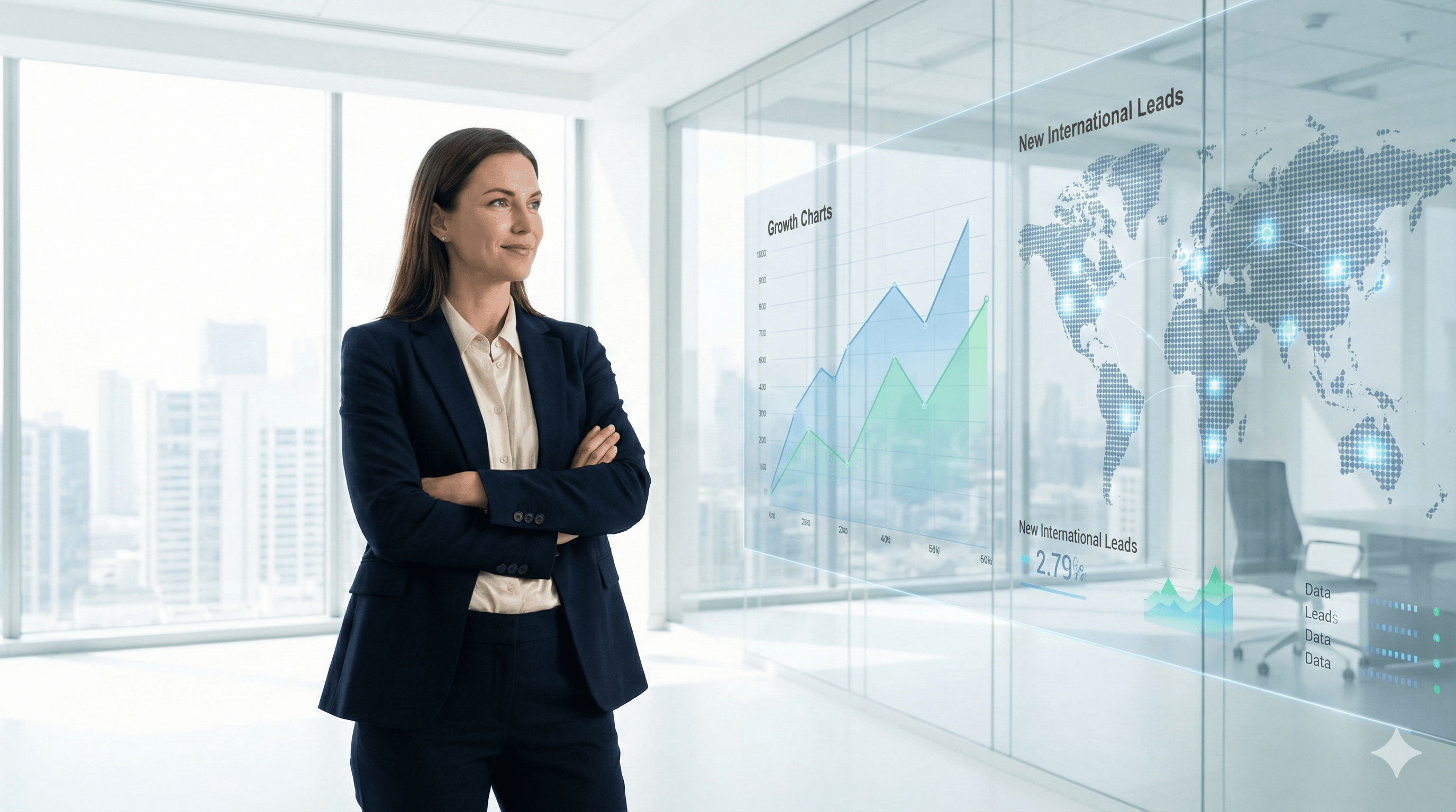 Business leader analyzing global growth charts and international leads on a futuristic glass interface, utilizing EximGPT and Apollo analytics within the TradeAtlas platform.