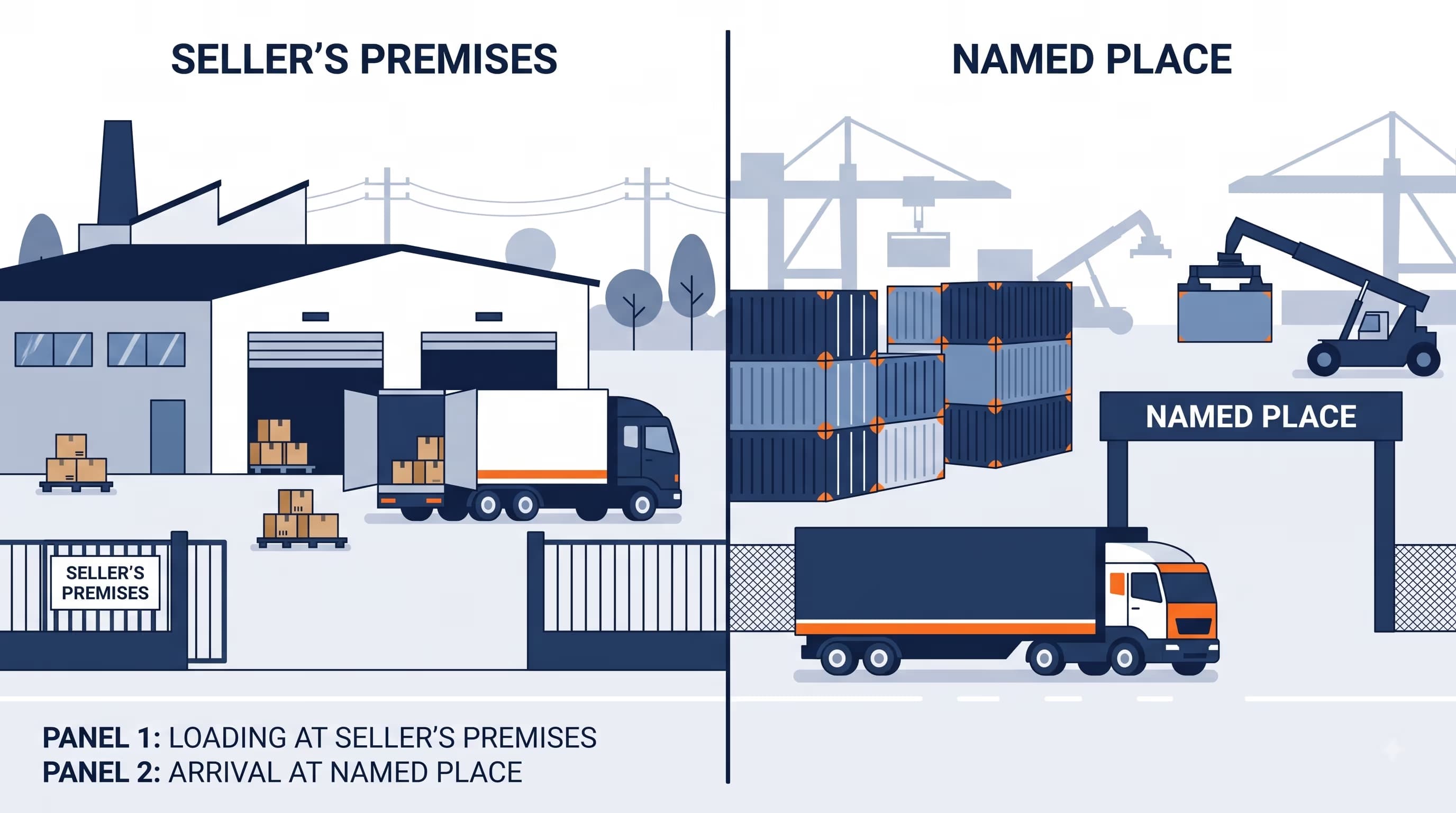  Diagram comparing FCA's two delivery scenarios: loading at the seller's own premises versus delivery to a carrier at a named terminal.