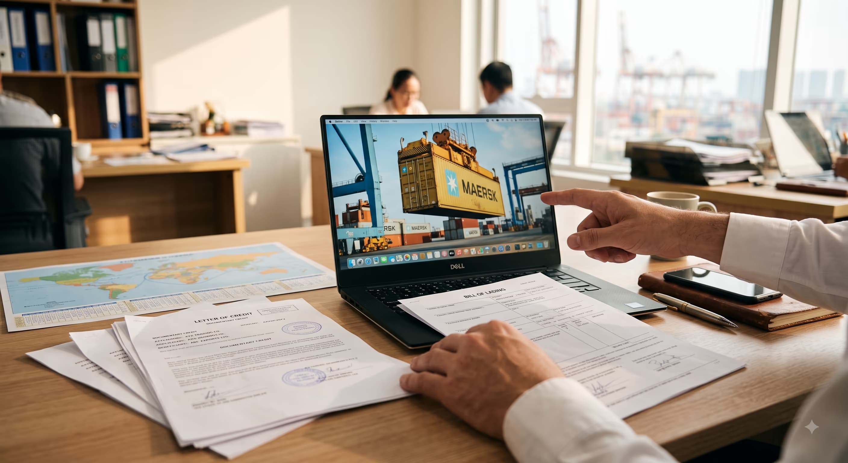  A trade finance professional reviewing a bill of lading document alongside letter of credit paperwork.