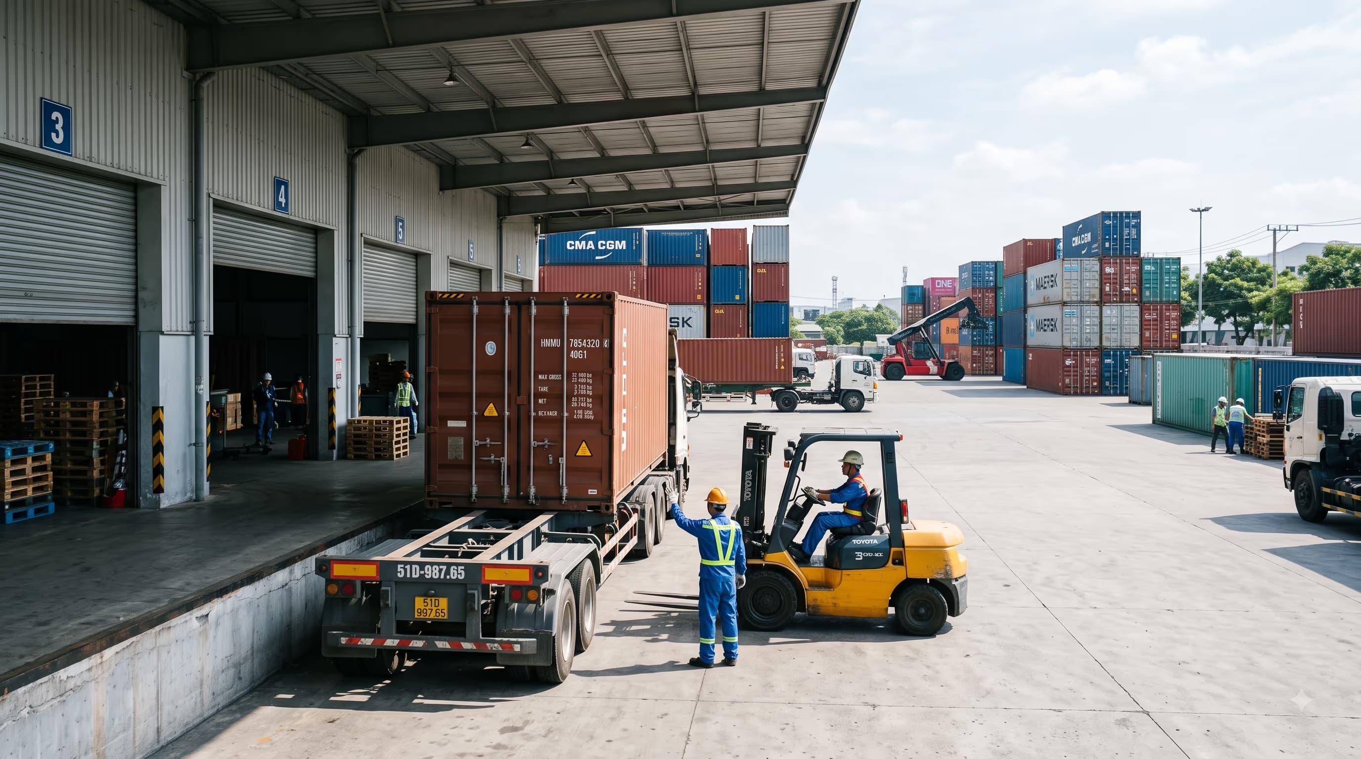 A forklift loading cargo onto a truck at a Vietnamese export warehouse, illustrating the point where FCA delivery responsibility begins.