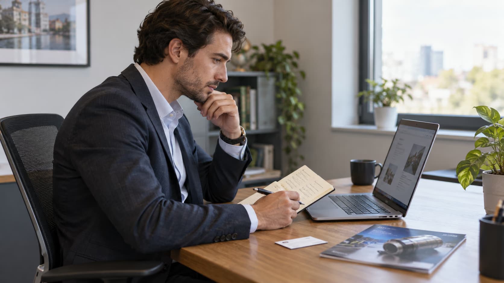 Sales professional reviewing booth meeting notes before writing a follow-up email