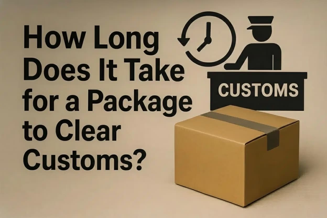 Cardboard package in front of a customs desk with a clock, illustrating how long a package takes to clear customs