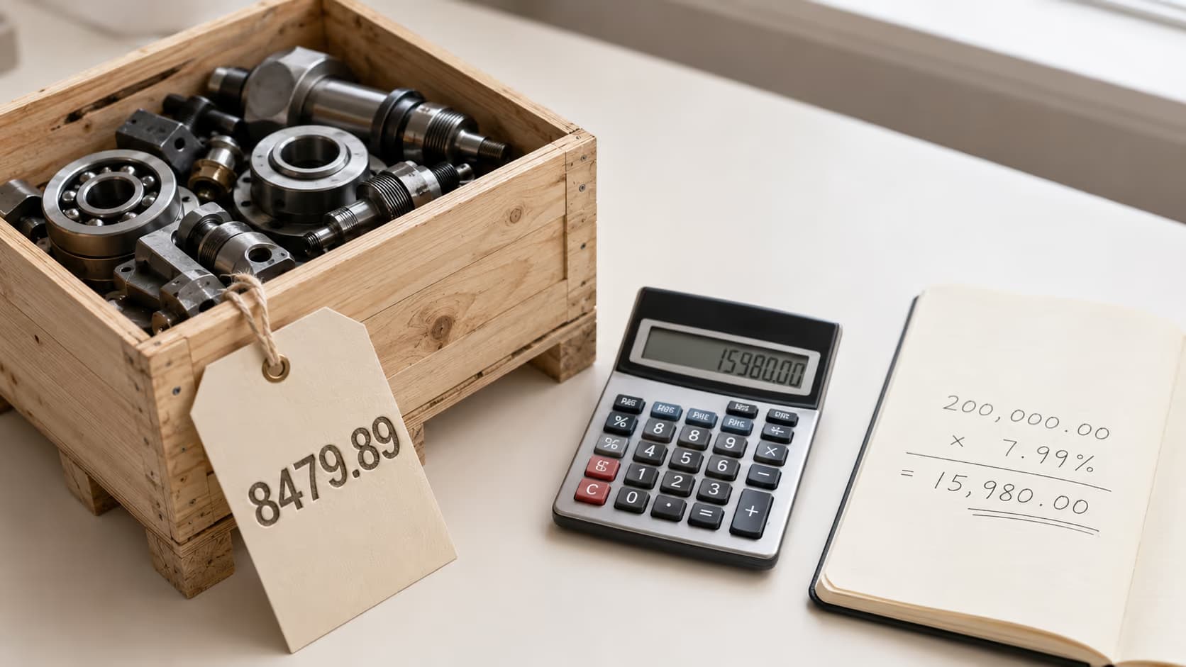 A crate tagged with a classification code beside a calculator, representing how an HS code is turned into a calculated import duty.