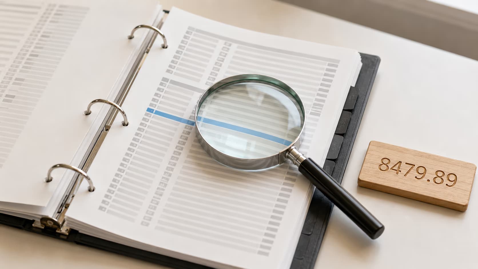 A magnifying glass over a highlighted line in a tariff schedule, representing how the exact HS code line — not just the general category — determines the duty rate