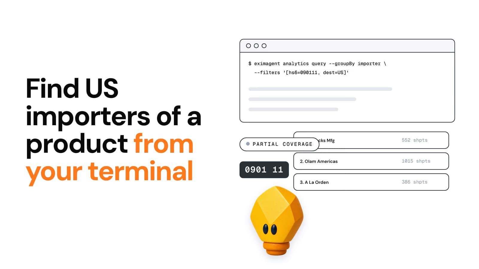 Find US importers of a product from your terminal — EximAgent CLI and connector tutorial hero