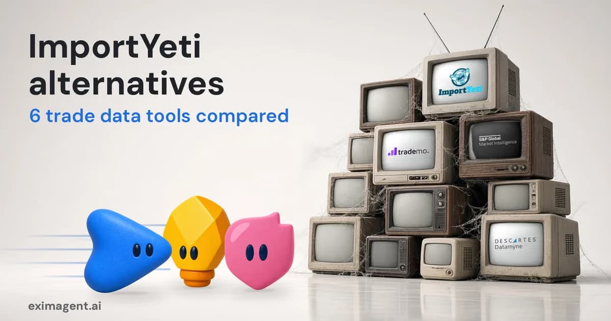 ImportYeti alternatives: three EximAgent mascots moving past a stack of old TVs showing ImportYeti, Trademo, S&P Global and Descartes Datamyne logos