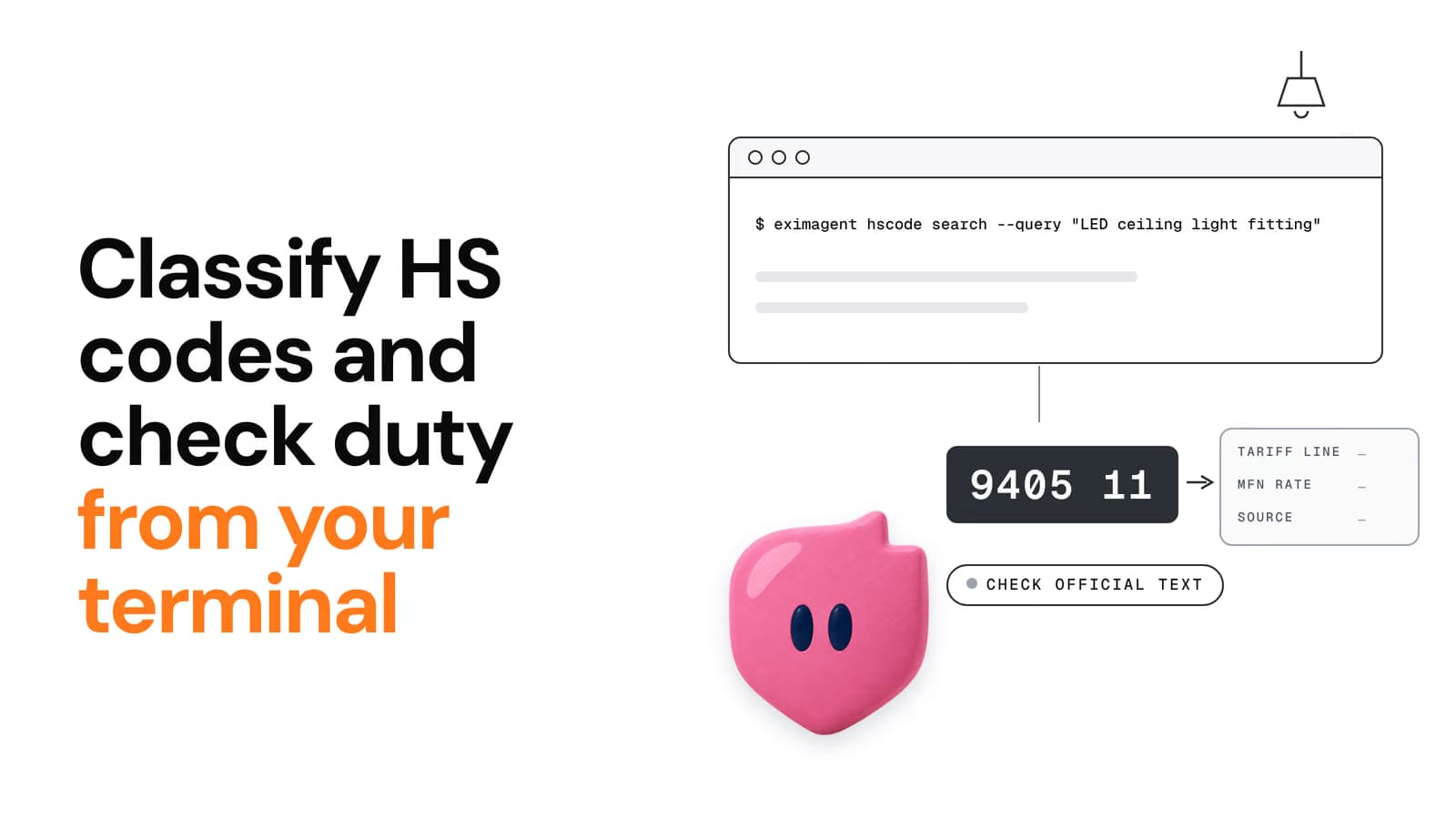 Classify HS codes and check duty from your terminal — EximAgent CLI and MCP tutorial hero