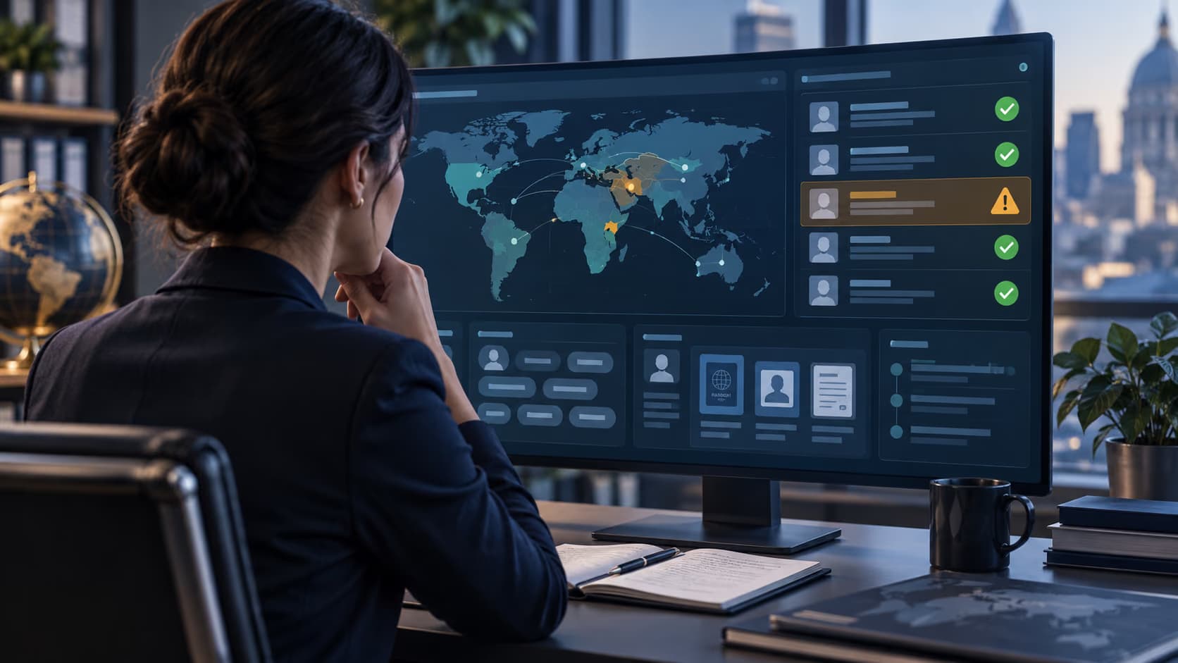 Sanctions screening dashboard showing watchlist alerts and identity review