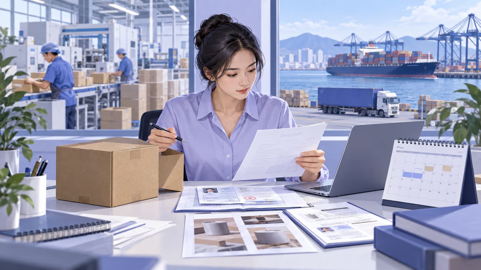 Procurement analyst reviewing supplier documents and sample packaging before a sourcing decision