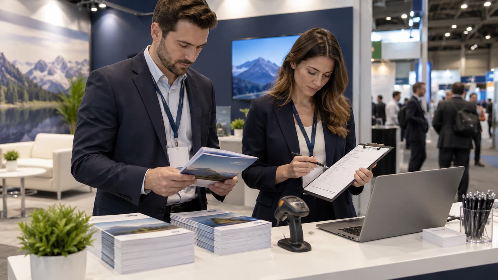 Trade show staff checking brochures equipment and follow-up checklist before opening
