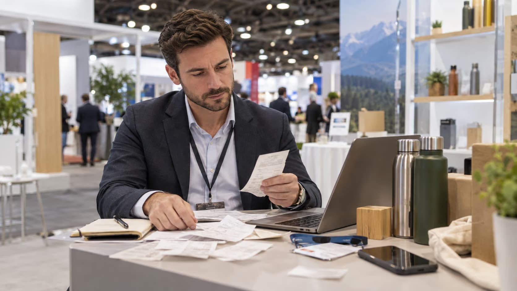 Export sales manager reviewing event expenses at an exhibition booth