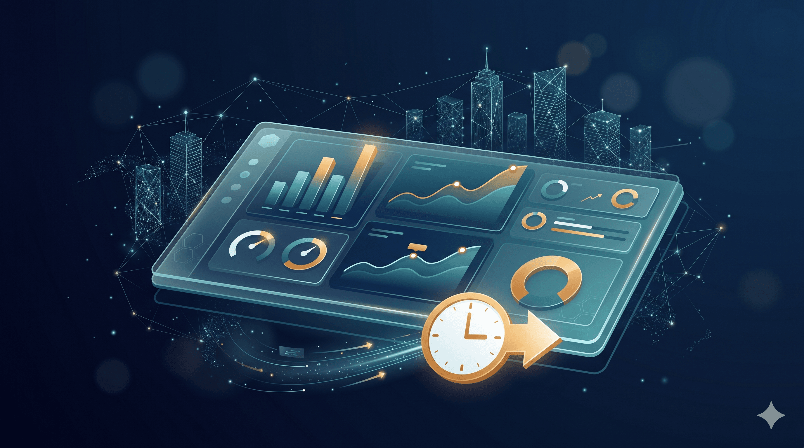 AI analysis dashboard showing faster business decision-making with rising charts, upward trends, and accelerated time indicators
