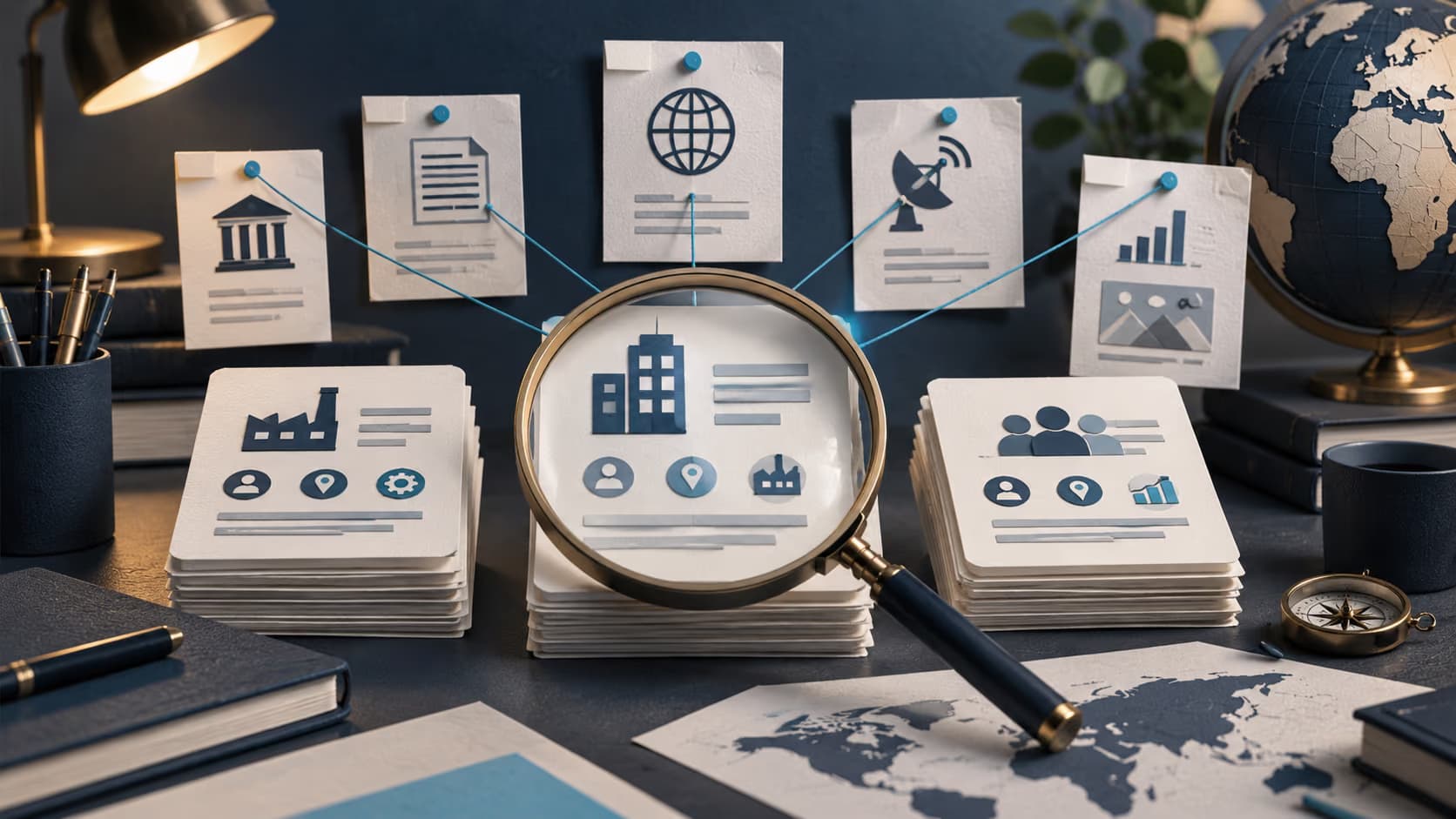Company profile cards and source documents being examined to compare company data providers