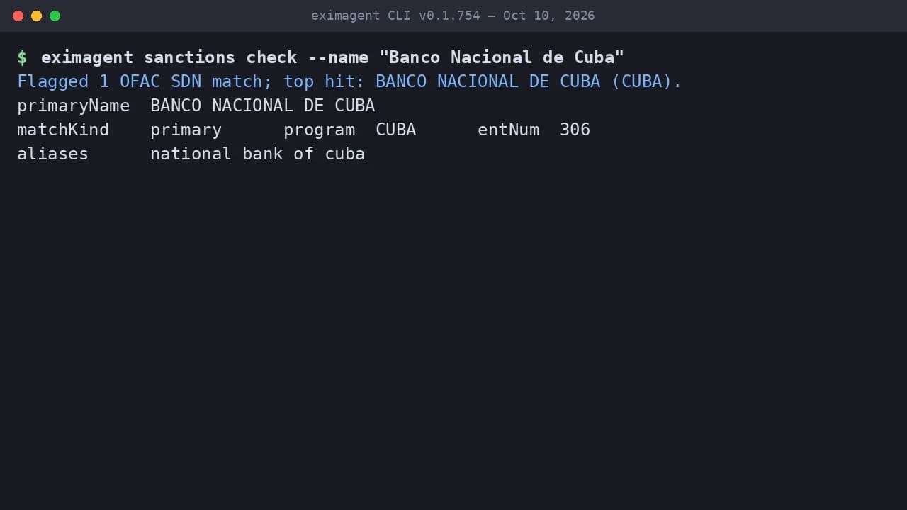 Terminal output of eximagent sanctions check for Banco Nacional de Cuba showing one OFAC SDN match under the CUBA program