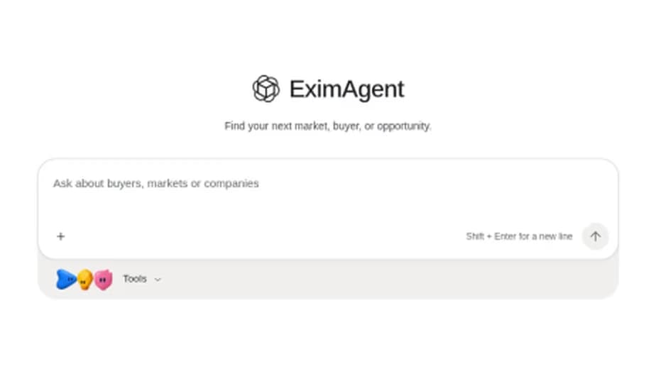 EximAgent web app chat box with the prompt Ask about buyers, markets or companies under the tagline Find your next market, buyer, or opportunity