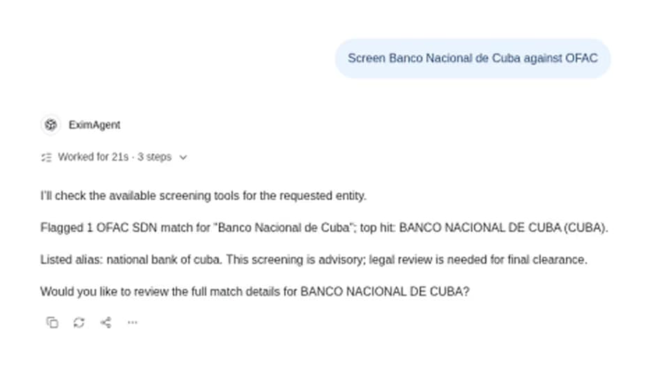 EximAgent web app chat screening Banco Nacional de Cuba against OFAC: one SDN match under the CUBA program, flagged as advisory, after 21 seconds