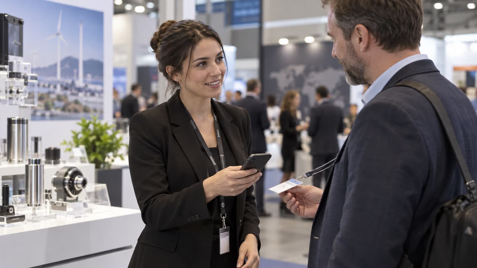 Exhibitor scanning a visitor badge during a trade show conversation