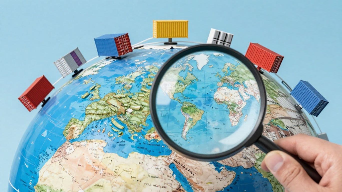 Global trade with containers, products, and magnifying glass.