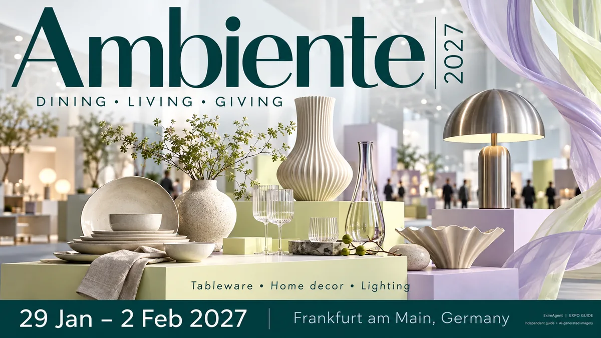 Ambiente 2027 trade show card: Frankfurt am Main, 29 January to 2 February 2027, home, gifts and interiors (AI-generated illustration)