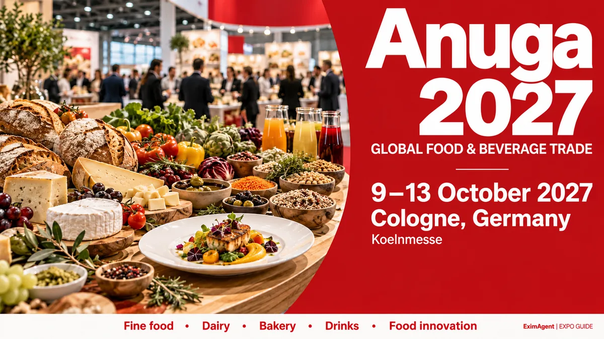 Anuga 2027 trade show card: Cologne, 9 to 13 October 2027, food and beverage (AI-generated illustration)