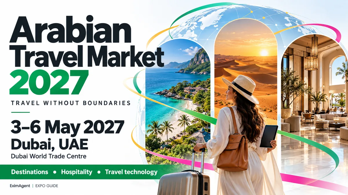 Arabian Travel Market 2027 trade show card: Dubai, 3 to 6 May 2027, travel and tourism (AI-generated illustration)