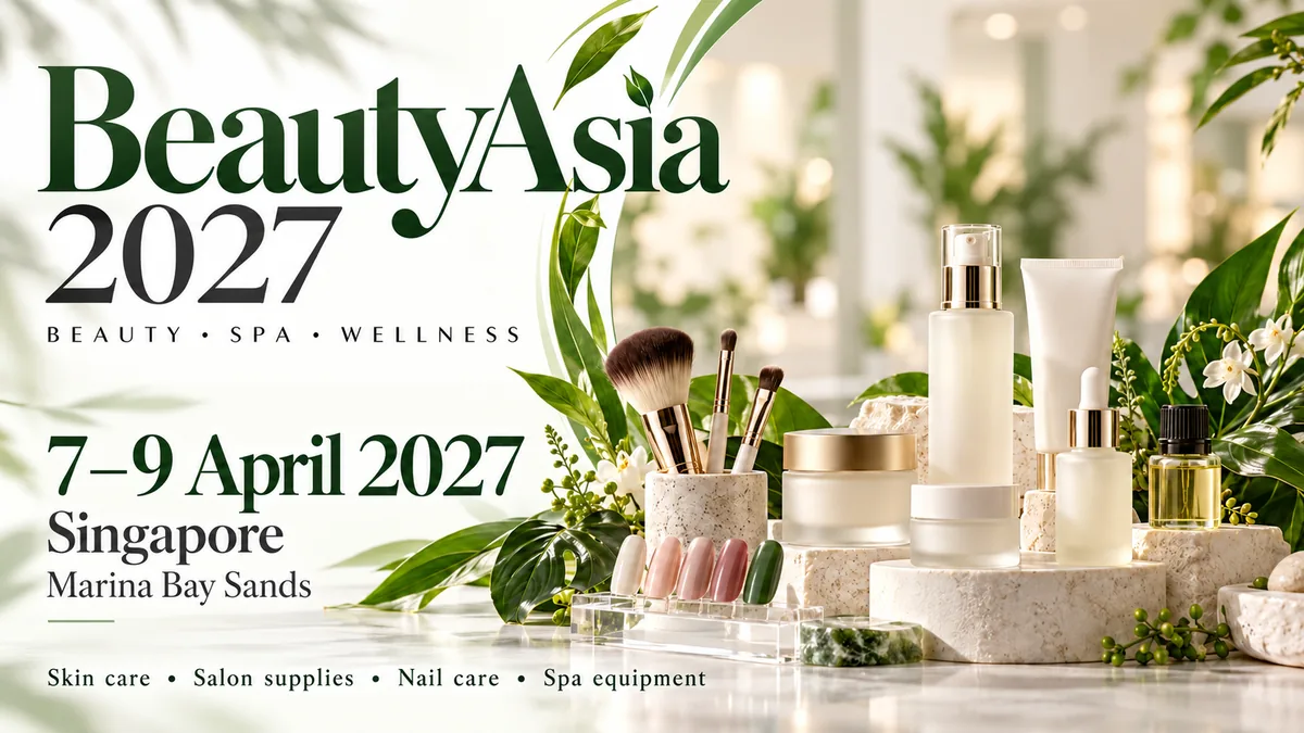 Beauty Asia 2027 trade show card: Singapore, 7 to 9 April 2027, health and beauty (AI-generated illustration)