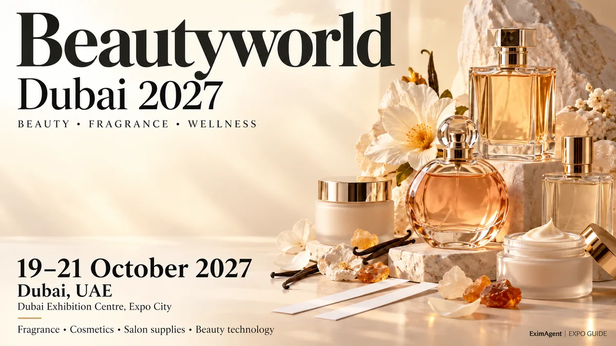 Beautyworld Dubai 2027 trade show card: Dubai, 19 to 21 October 2027, health and beauty (AI-generated illustration)