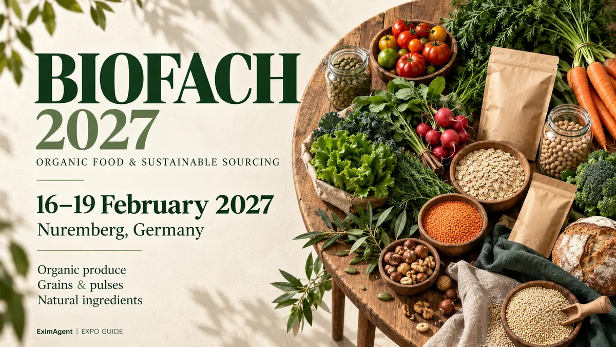 BIOFACH 2027 trade show card: Nuremberg, 16 to 19 February 2027, food and beverage (AI-generated illustration)