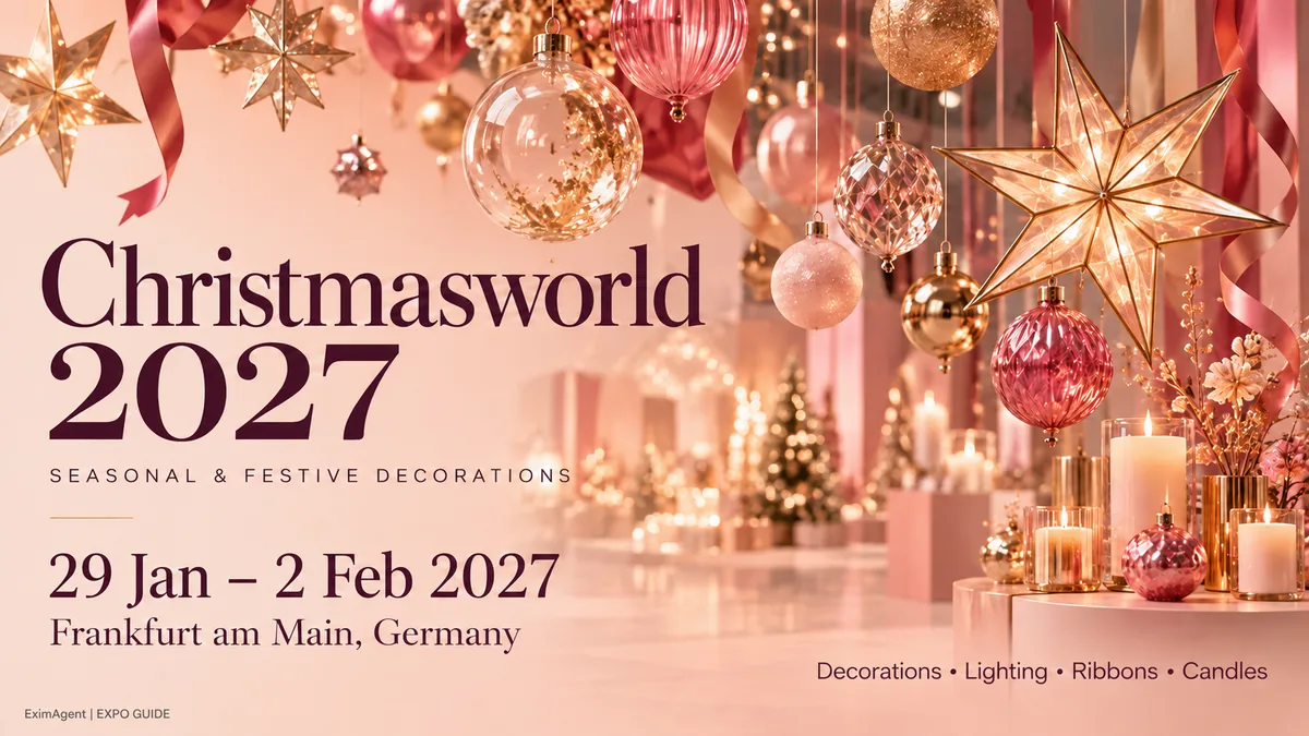 Christmasworld 2027 trade show card: Frankfurt am Main, 29 January to 2 February 2027, home, gifts and interiors (AI-generated illustration)